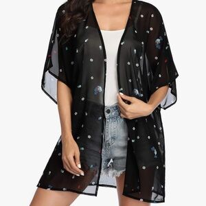 Black Minimalist Flower Print Sheer Kimono Cover-Up NWOT XL